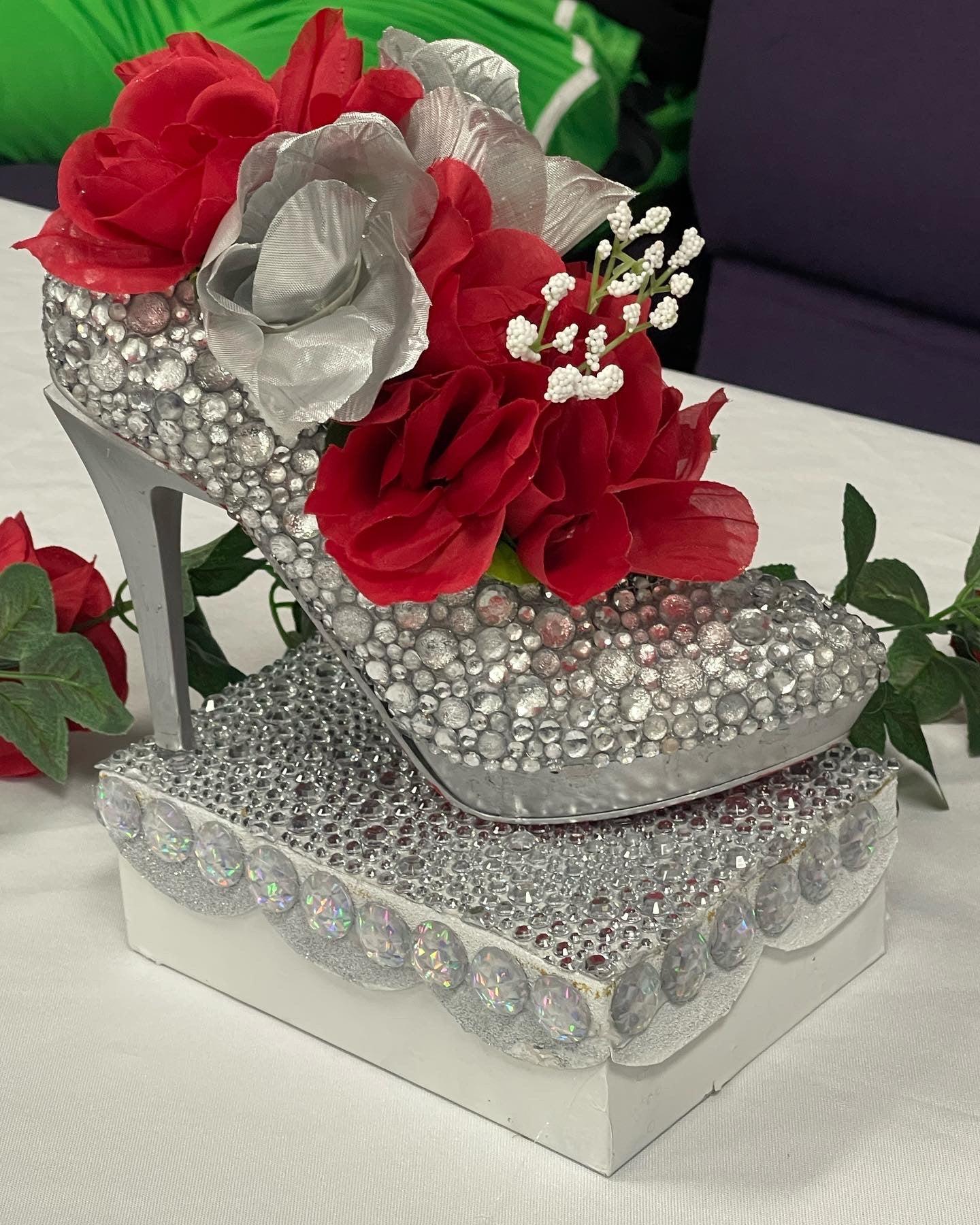 Silver Blinged High Heel Shoe (Stiletto) Artificial Floral Arrangement (Centerpiece) - Image #1